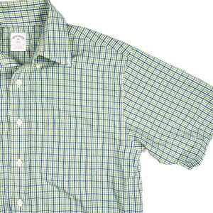 Brooks Brothers 346 Mens Medium Short Sleeve Button Down Shirt Plaid Green Blue